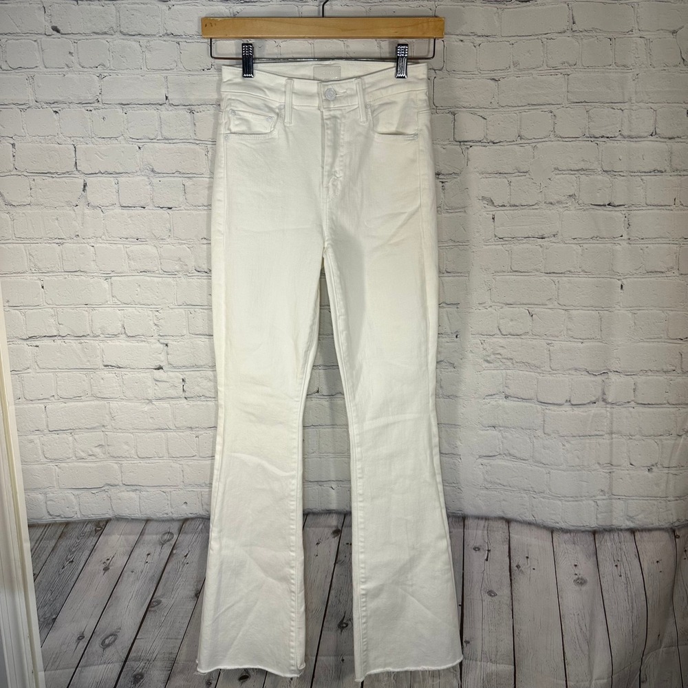 Mother Denim The Weekender Fray White Flare Jeans High Rise Raw Hem Size 24
